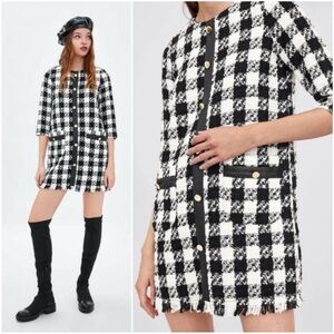 Zara Black and White Tweed Style Check Mini Dress